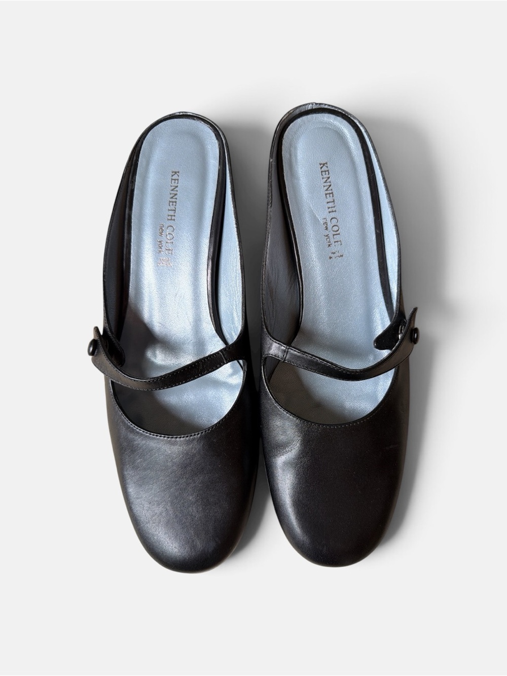 New Vintage Kenneth Cole Black Leather Mary Jane Mules with Light Blue Insole